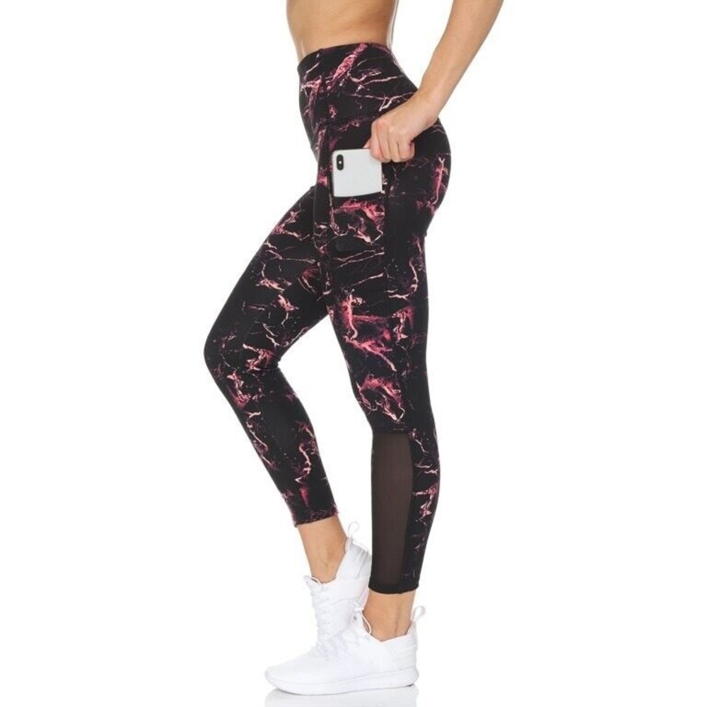 BSP Women's High Waist Marbel Legging Pink Black Pockets Mesh Panel Large